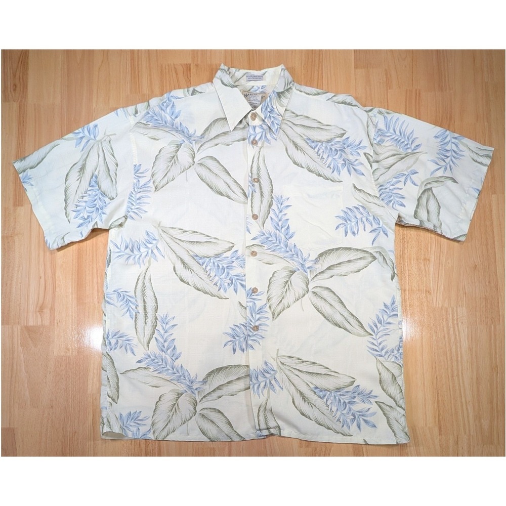Bamboo Cay Mens XL Hawaiian Shirt Floral Leaf Tropical Resort Button Down Cream